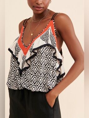 Free People Geometric Ruffle Cami Tank Boho Festival Tribal Print XS Top Resort